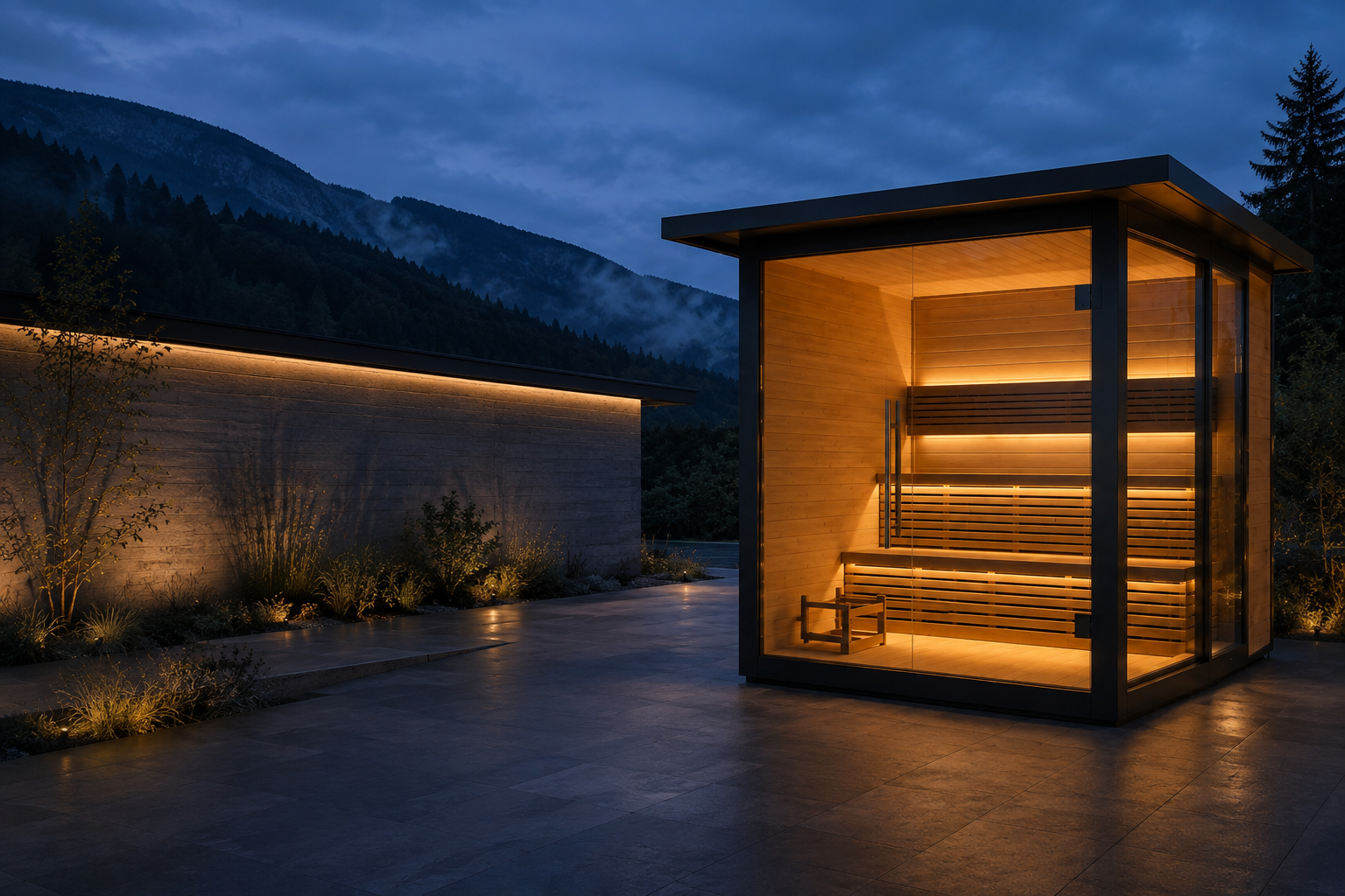 SOLENNE Altura outdoor sauna in an alpine garden at blue hour