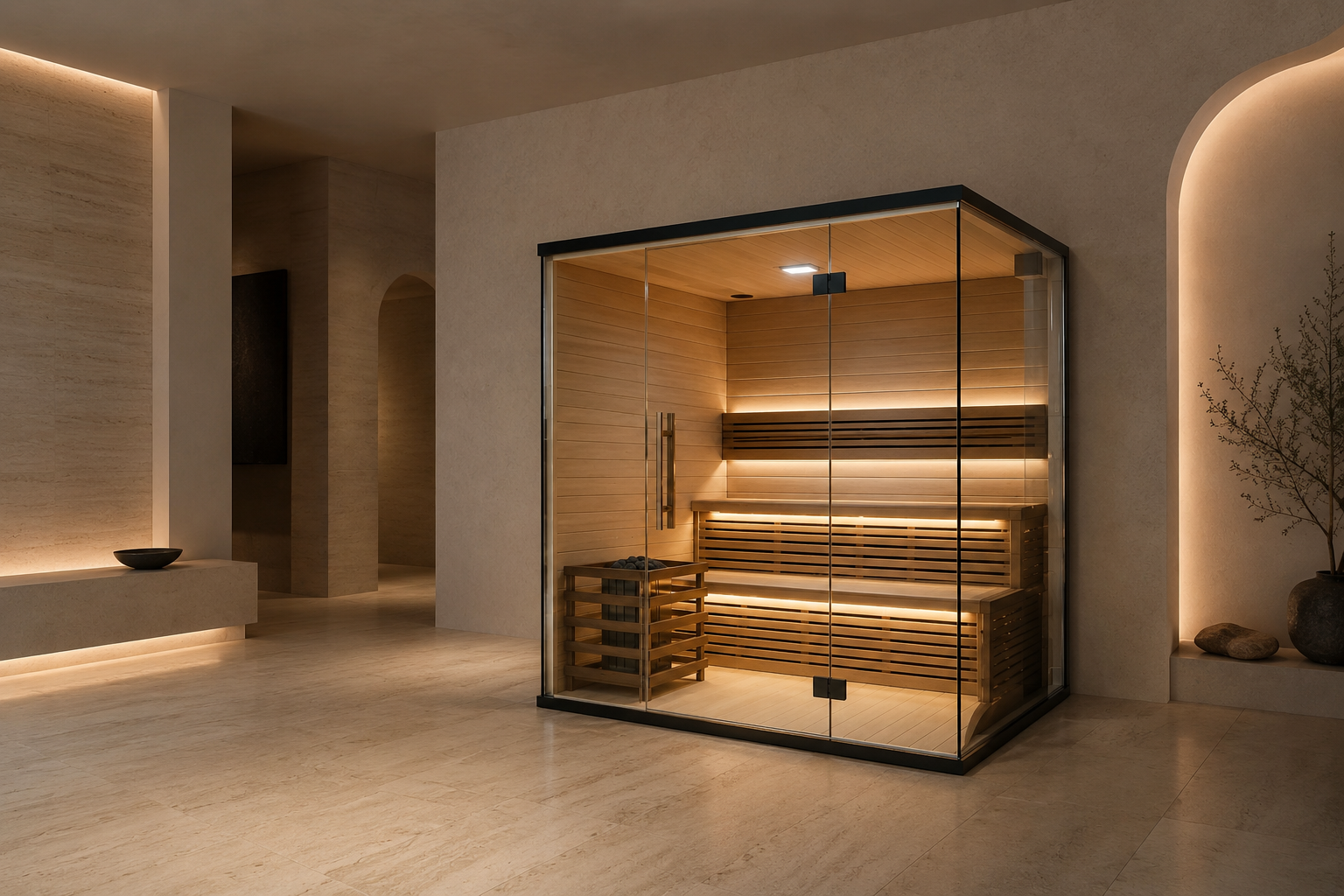 SOLENNE Aurelia indoor sauna in a travertine private wellness gallery