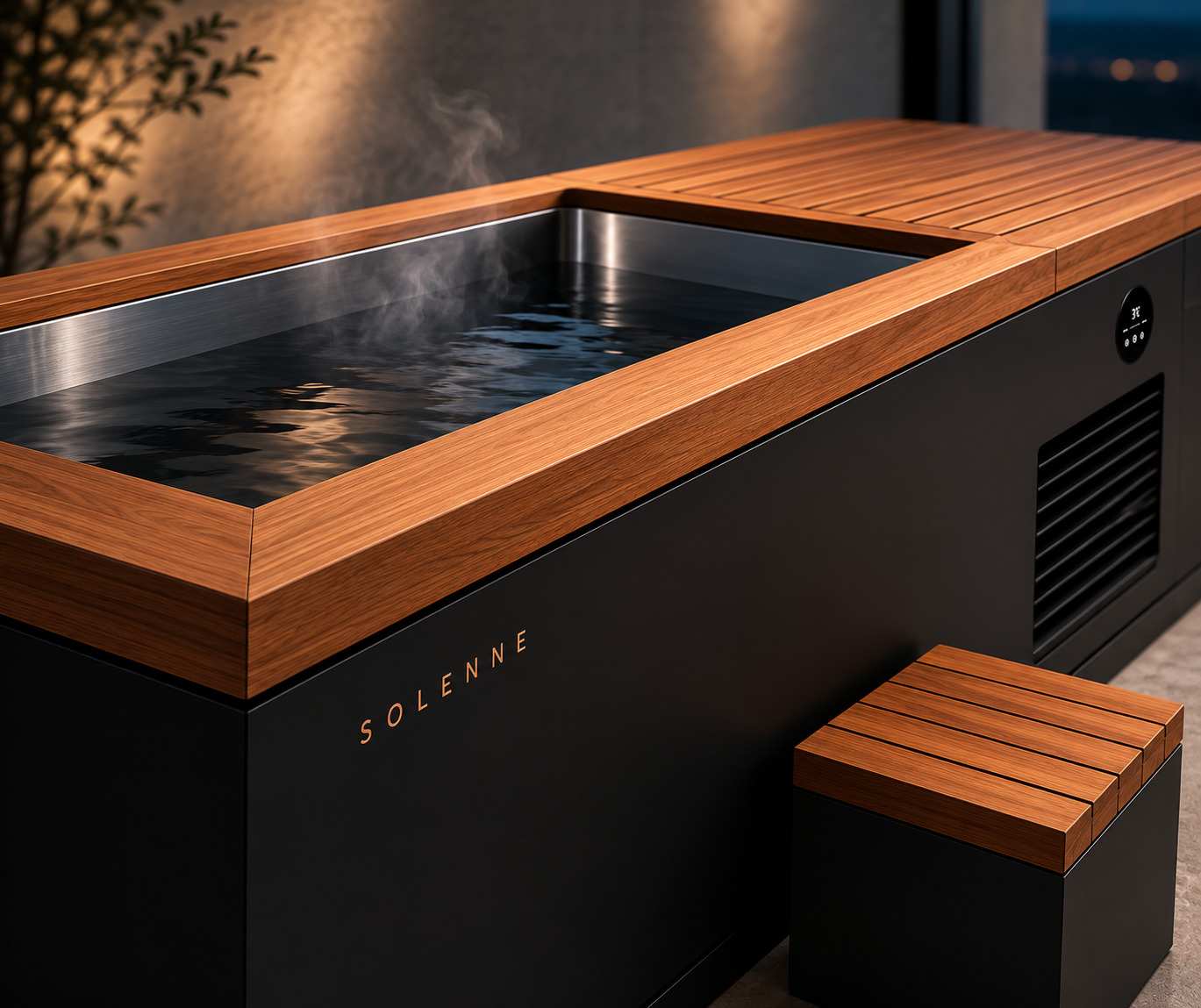 Close view of SOLENNE Privé cedar, black steel and stainless-steel construction